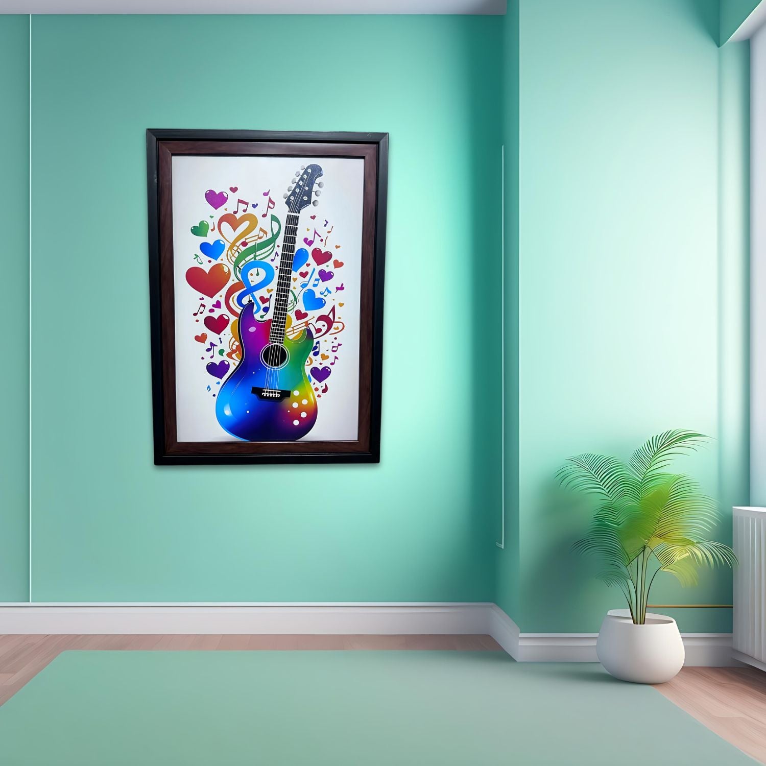Colorful Guitar Wall Art with Musical Notes - Vibrant Framed Decor Print