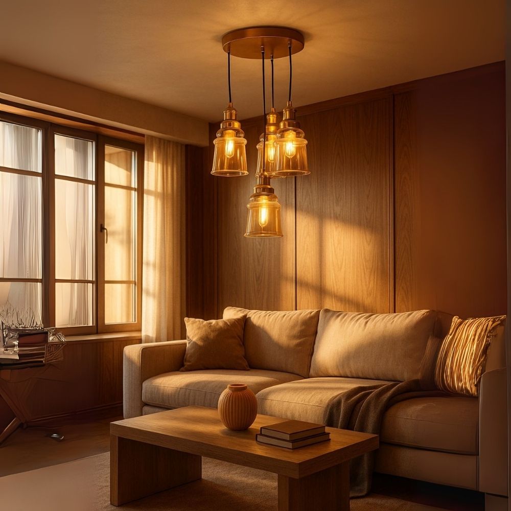 Luxury 4-Light Ceiling Pendant - Antique Gold With Smoke Grey/Amber Glass Chandelier