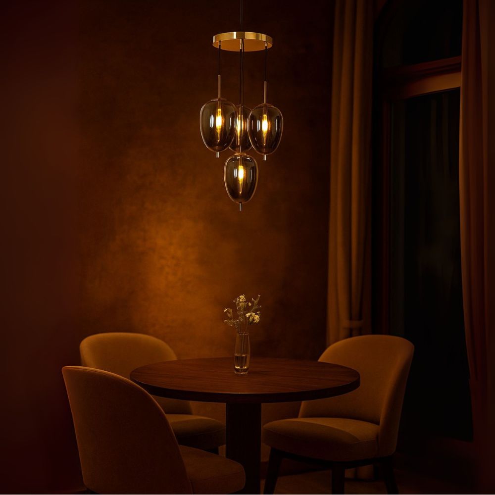 Elegant 4-Light Ceiling Lamp - Antique Gold With Smoke Grey Glass Chandelier