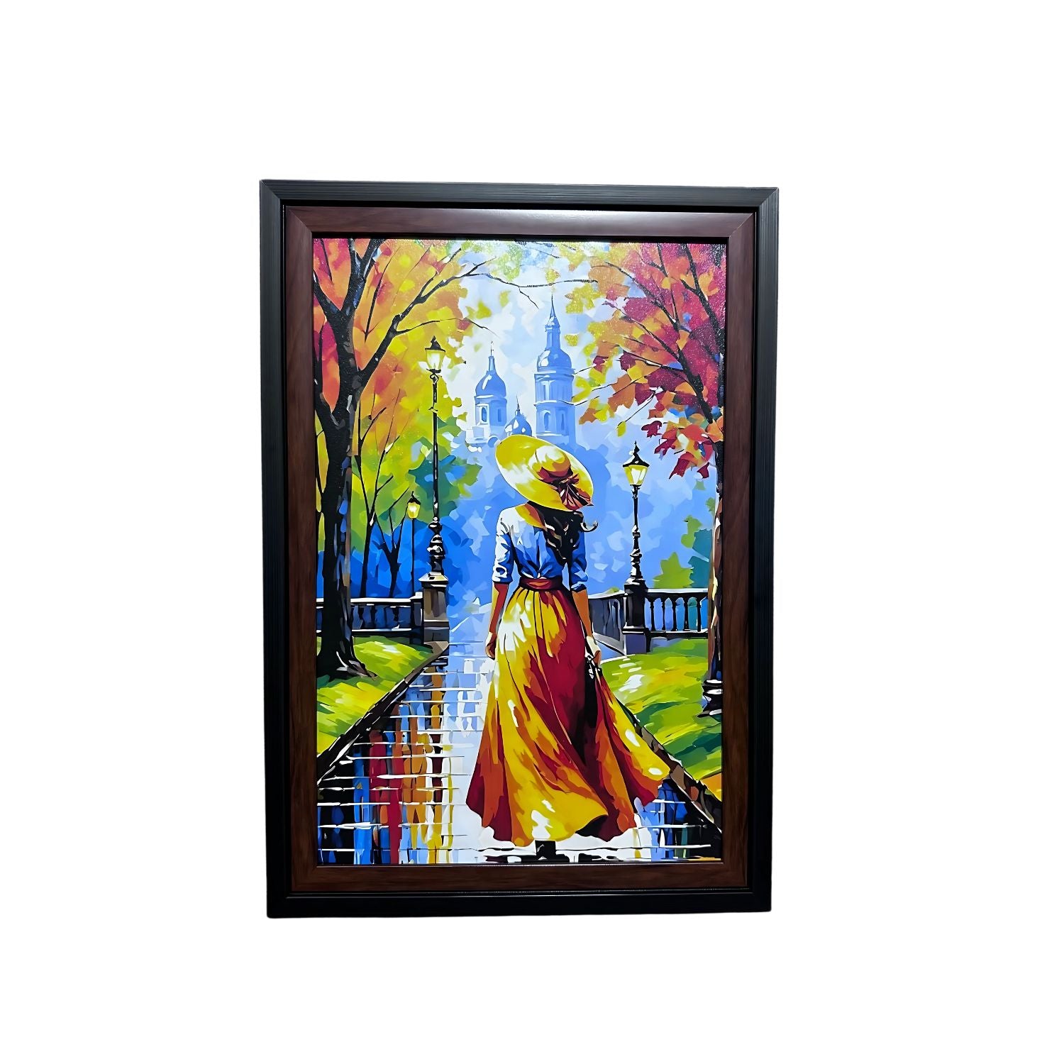 Elegant Lady Walking in Autumn Park - Framed Colorful Canvas Wall Art