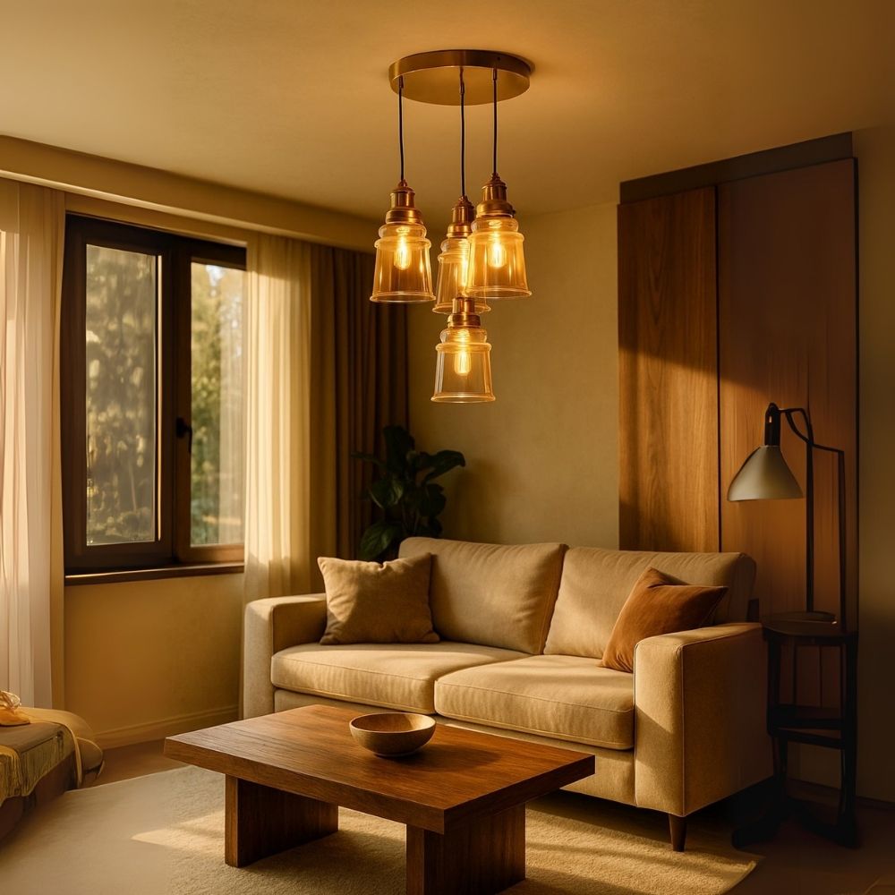 Luxury 4-Light Ceiling Pendant - Antique Gold With Smoke Grey/Amber Glass Chandelier