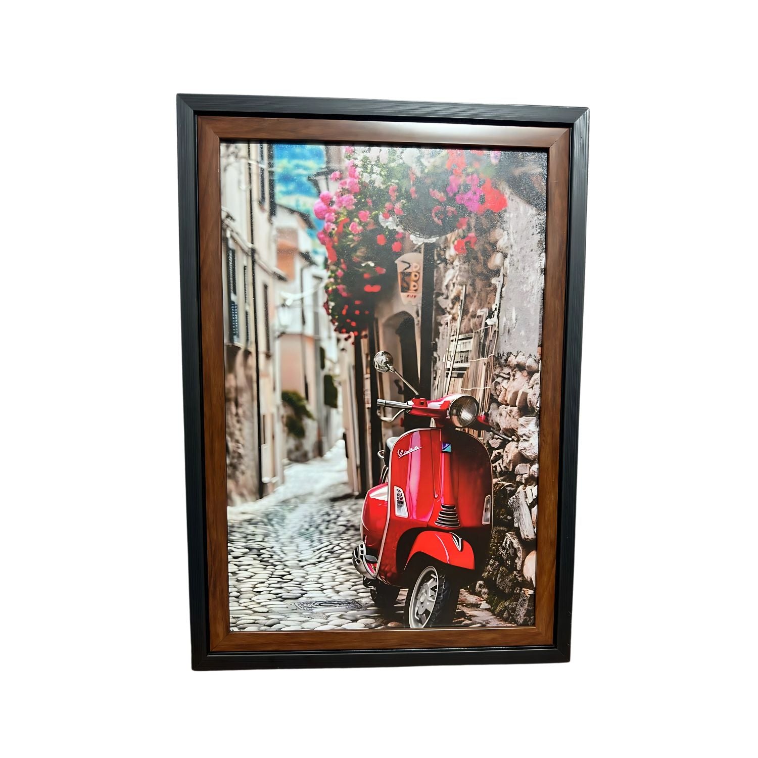 Red Vespa On Cobblestone Street - Framed Urban Vintage Travel Wall Art