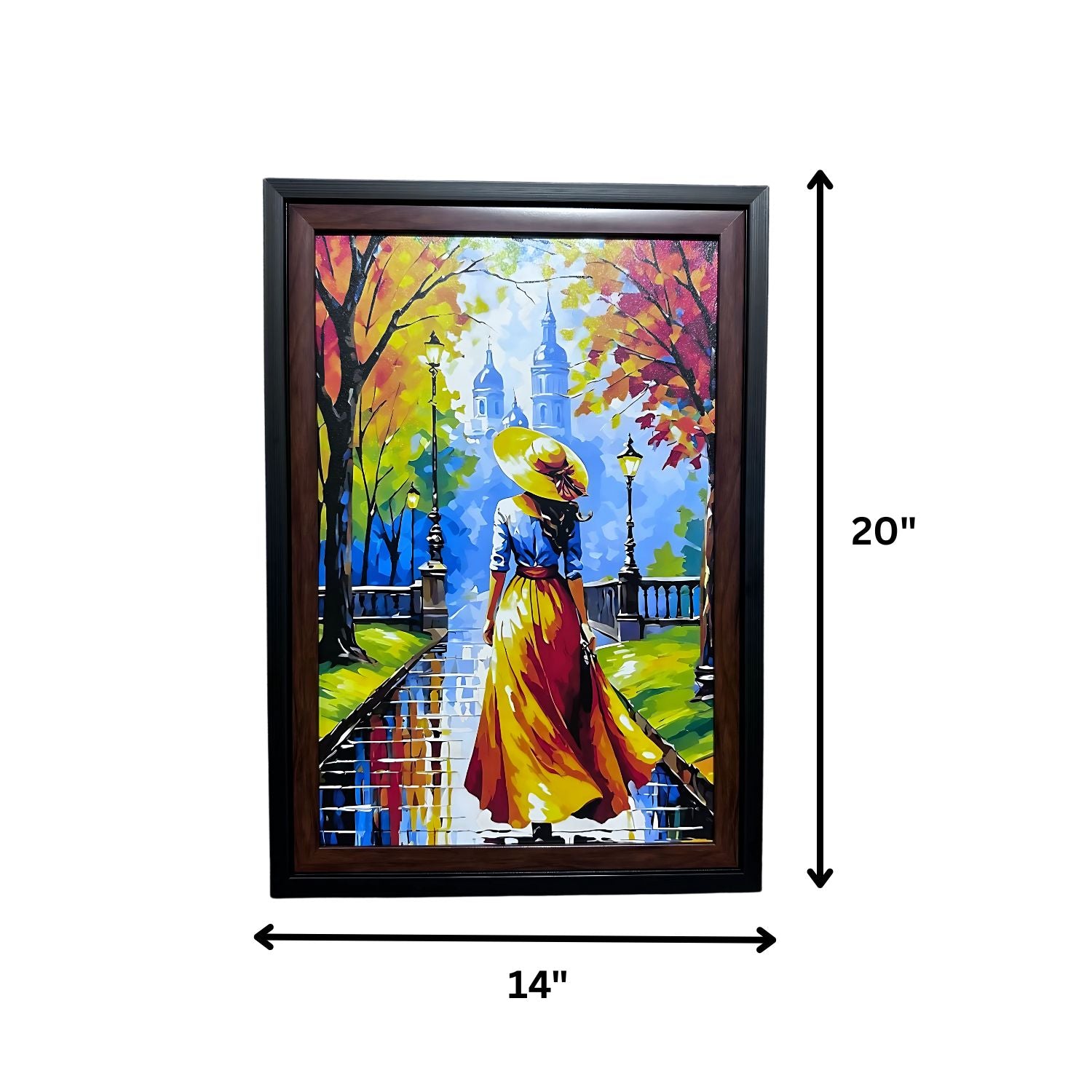 Elegant Lady Walking in Autumn Park - Framed Colorful Canvas Wall Art