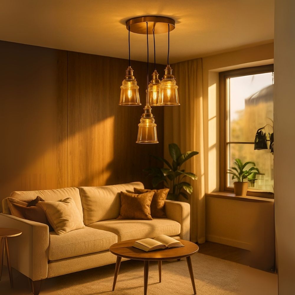 Luxury 4-Light Ceiling Pendant - Antique Gold With Smoke Grey/Amber Glass Chandelier