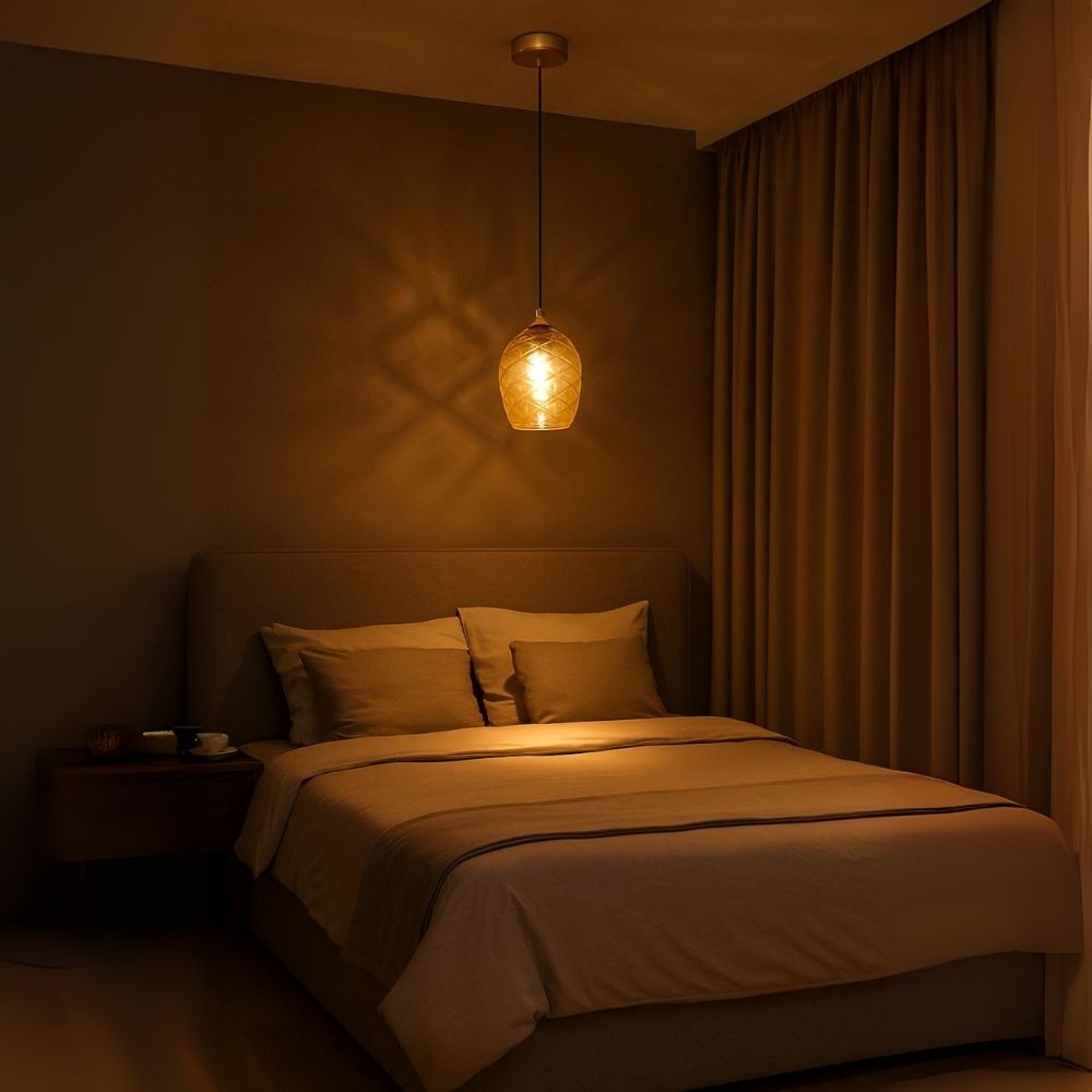 Elegant Amber, Green & Coffee Glass Pendant Light With Textured Metal Fixture