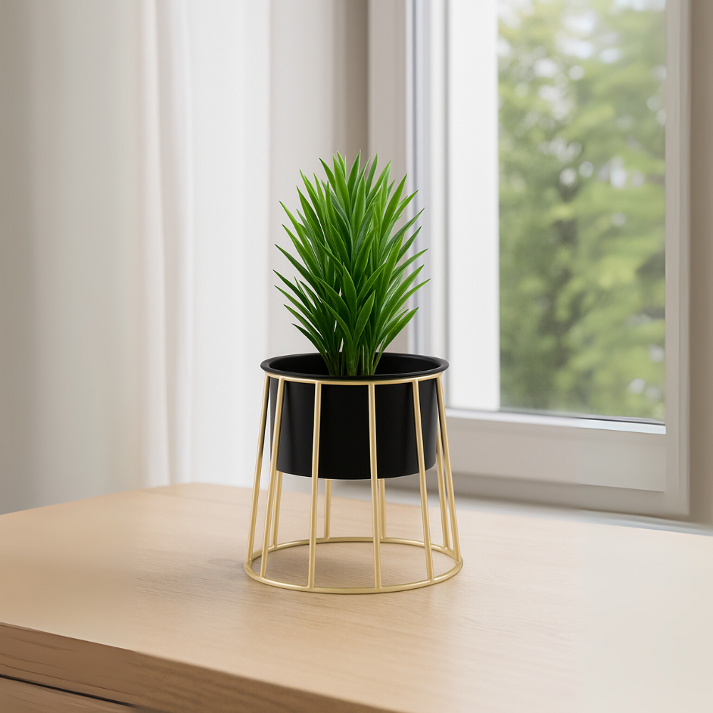 Modern Black Planter with Golden Metal Stand – Stylish Indoor Decor Pot