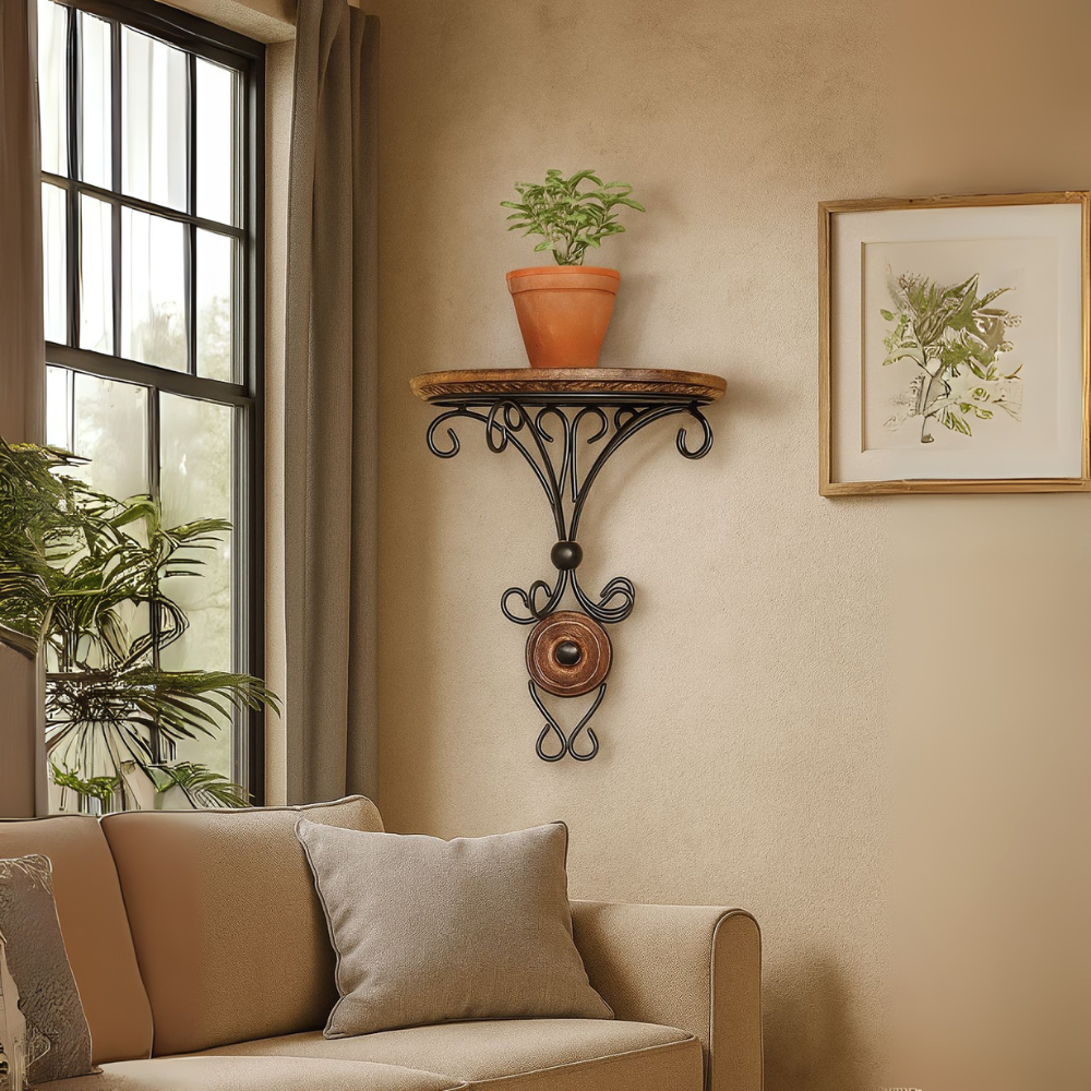 Wooden Wall Hanging Shelf Bracket - Decorative Iron And Wood Design