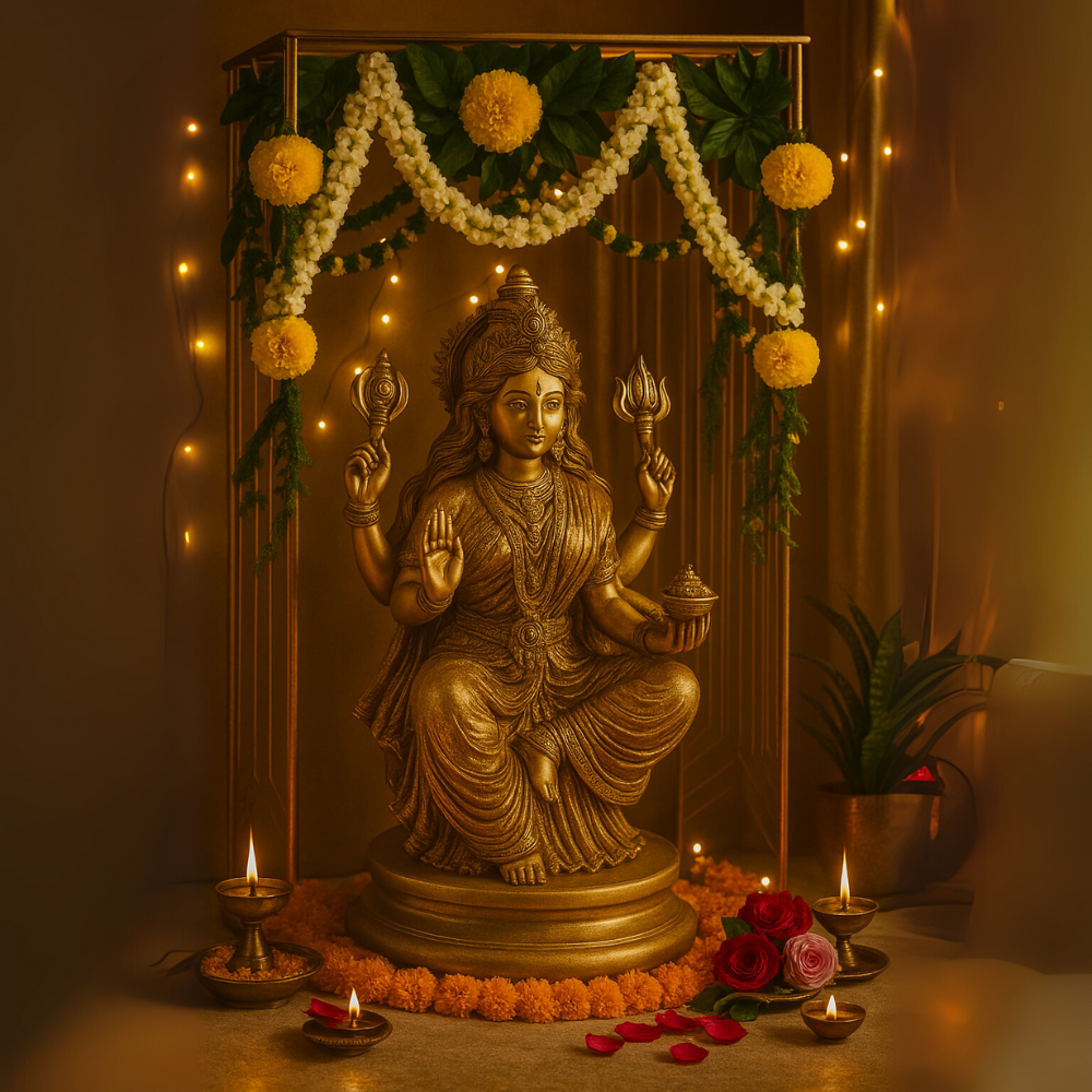 Elegant Floral Gold Pooja Metal Stand for Home Decor