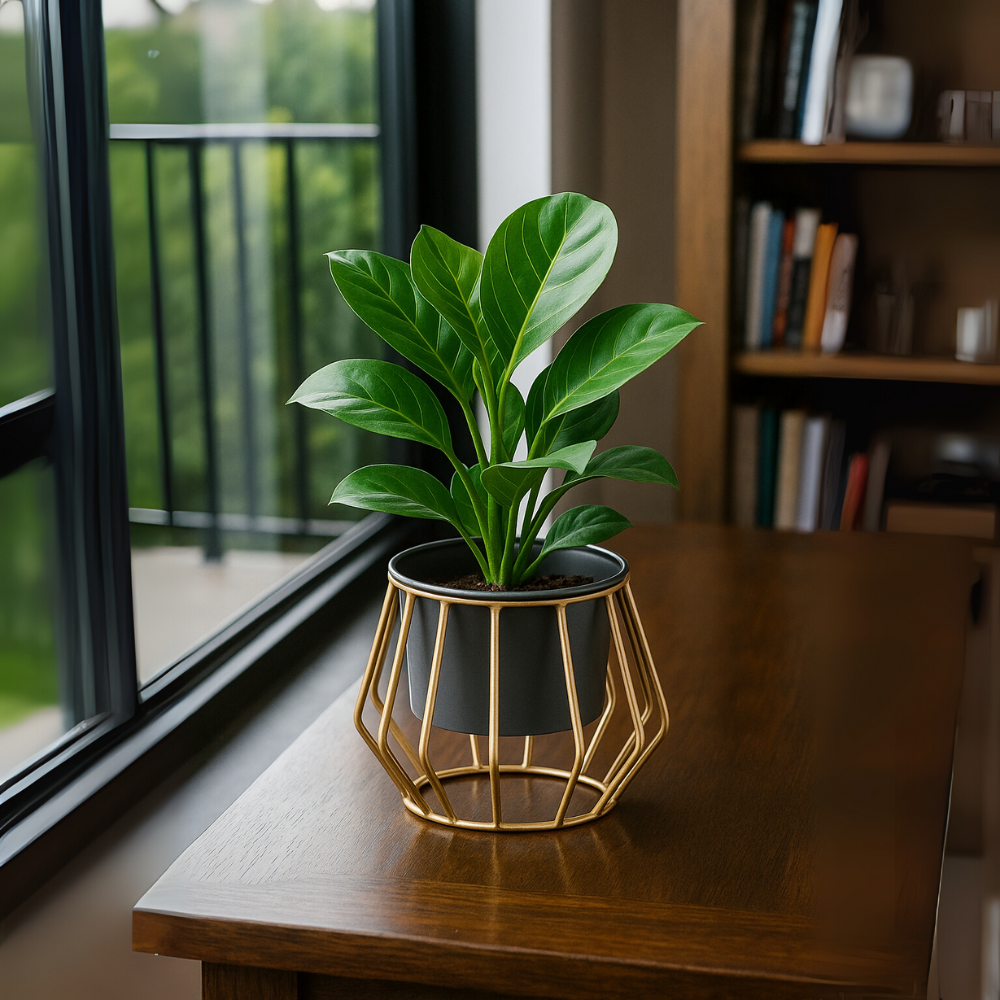 Geometric Gold Metal Stand Planter with Pot – Modern Indoor Plant Holder