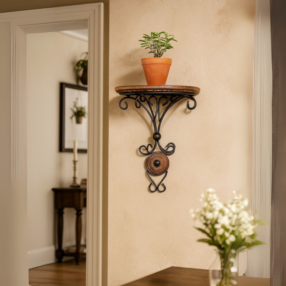 Wooden Wall Hanging Shelf Bracket - Decorative Iron And Wood Design