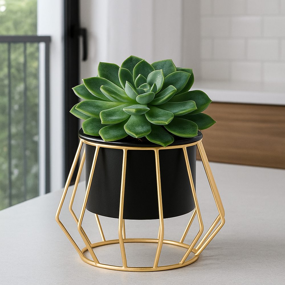 Geometric Gold Metal Stand Planter with Pot – Modern Indoor Plant Holder