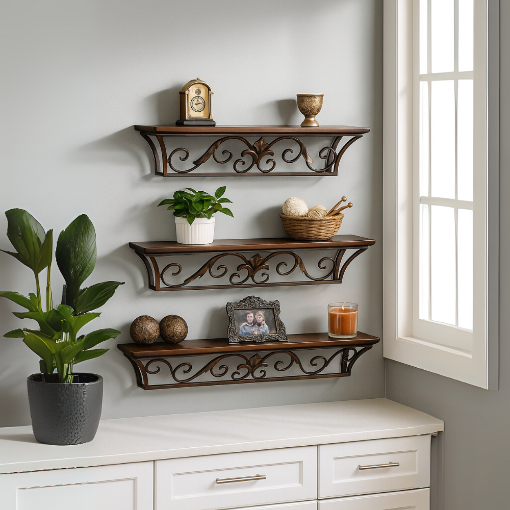 Abstract Wooden Wall Shelves Set of 3 - Decorative & Functional Storage