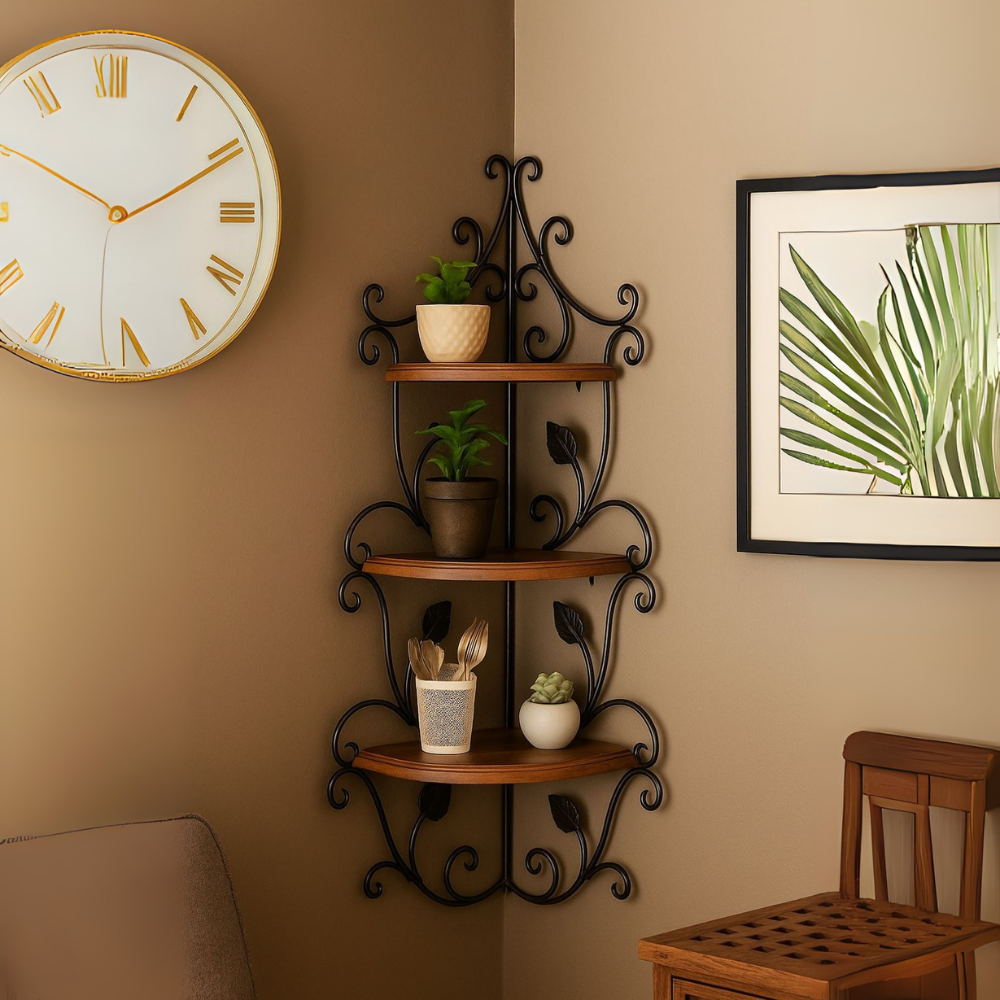Wall Hanging Wooden & Metal Corner Shelf - 3-Tier Decorative Storage
