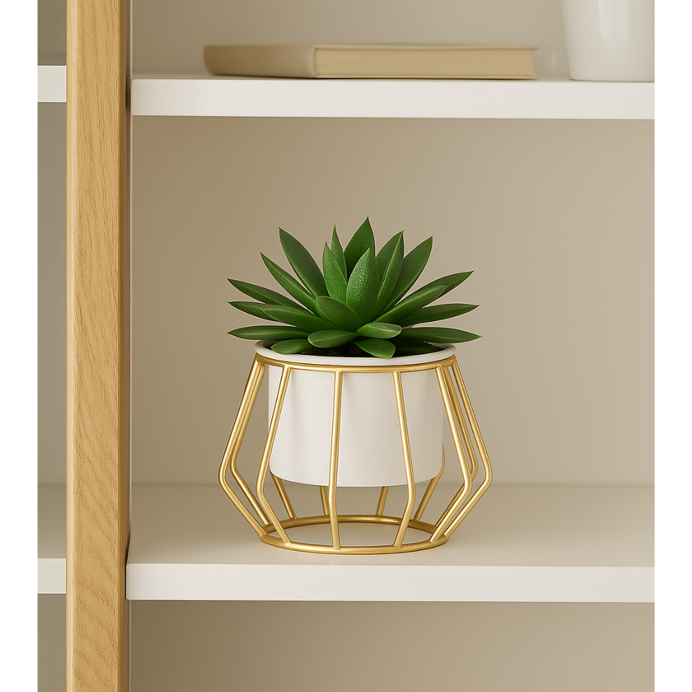 Geometric Gold Metal Stand Planter with Pot – Modern Indoor Plant Holder