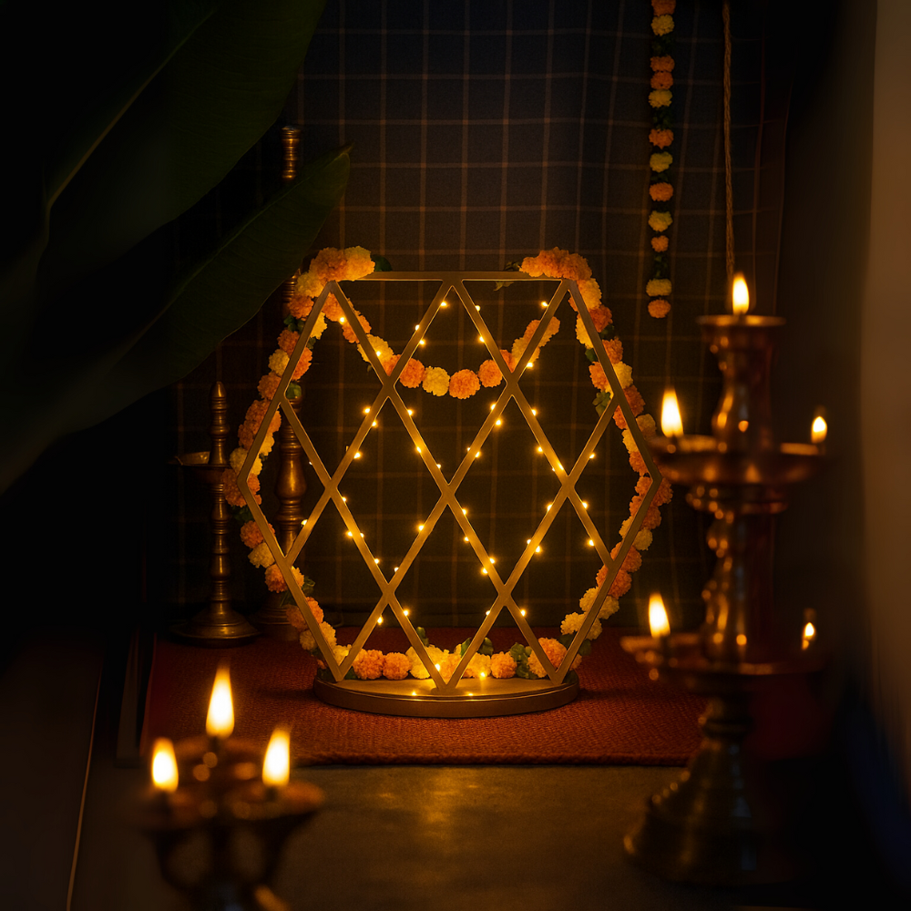 Geometric Diamond Frame Gold Pooja Metal Stand for Decor