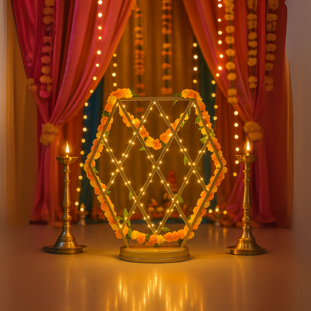 Geometric Diamond Frame Gold Pooja Metal Stand for Decor