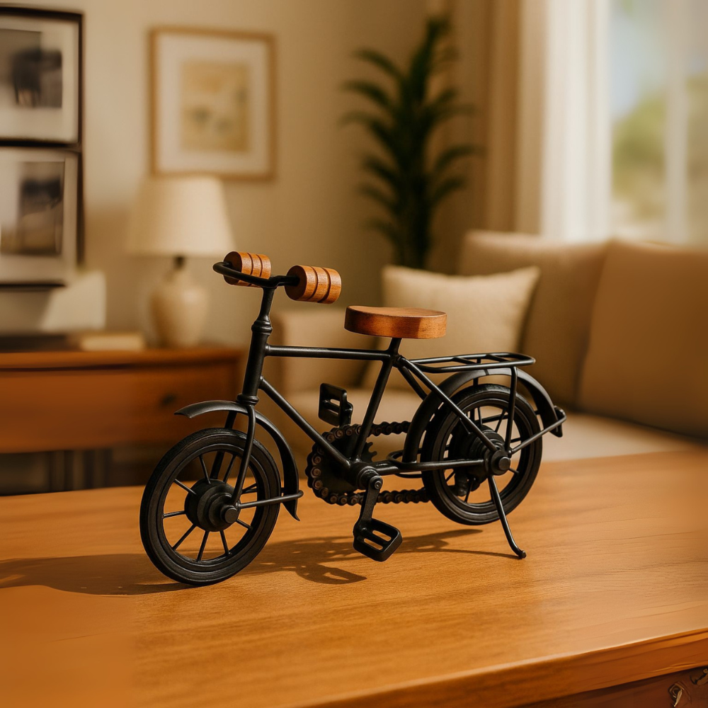 Vintage Black Bicycle Showpiece With Wooden Handle And Seat