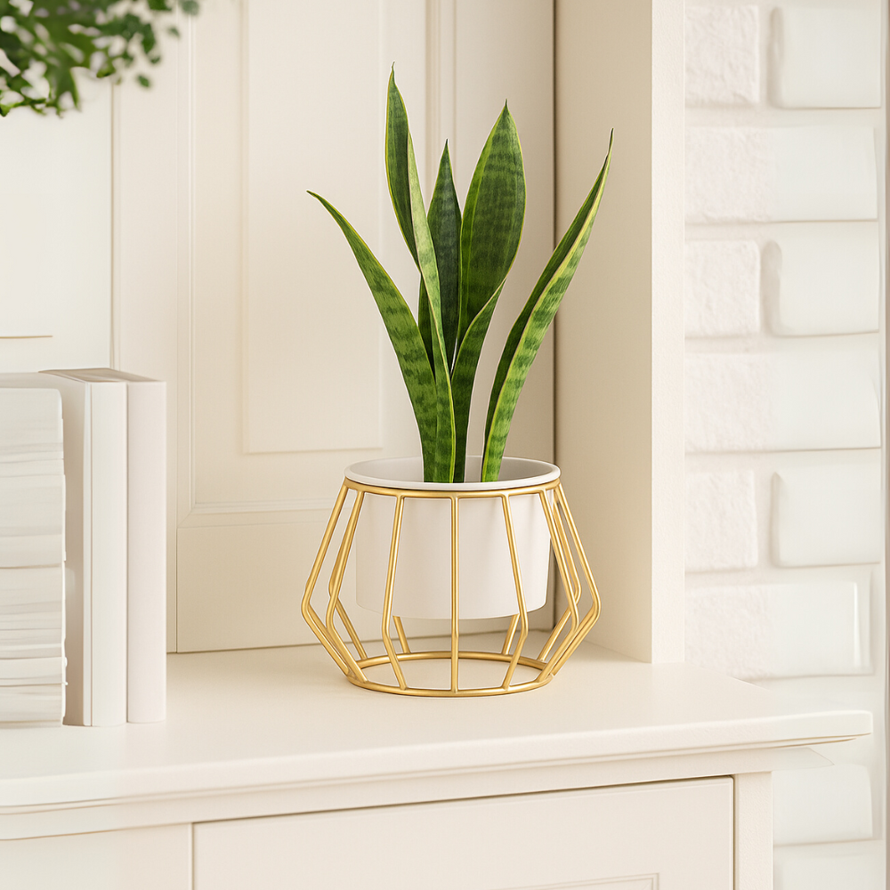 Geometric Gold Metal Stand Planter with Pot – Modern Indoor Plant Holder