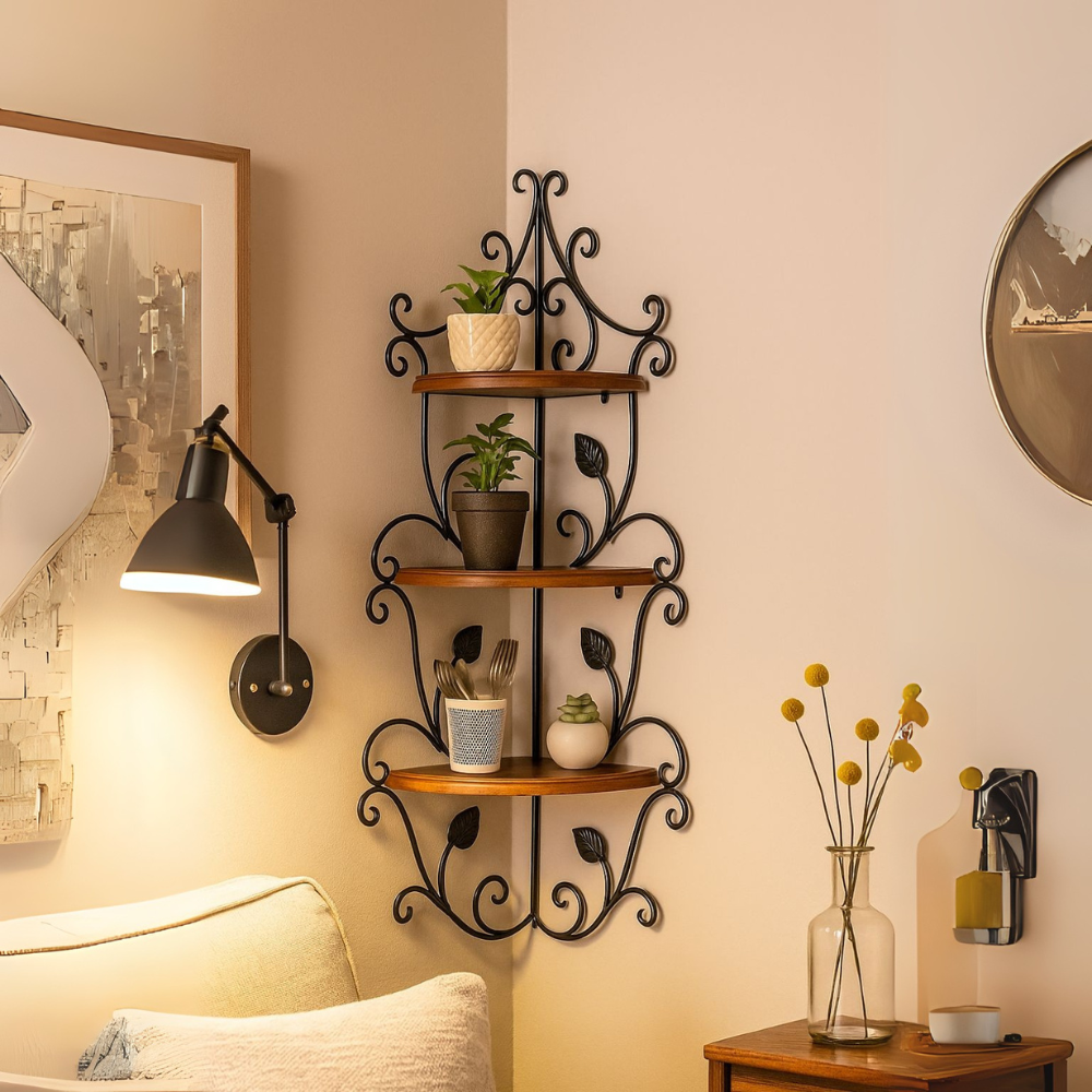 Wall Hanging Wooden & Metal Corner Shelf - 3-Tier Decorative Storage