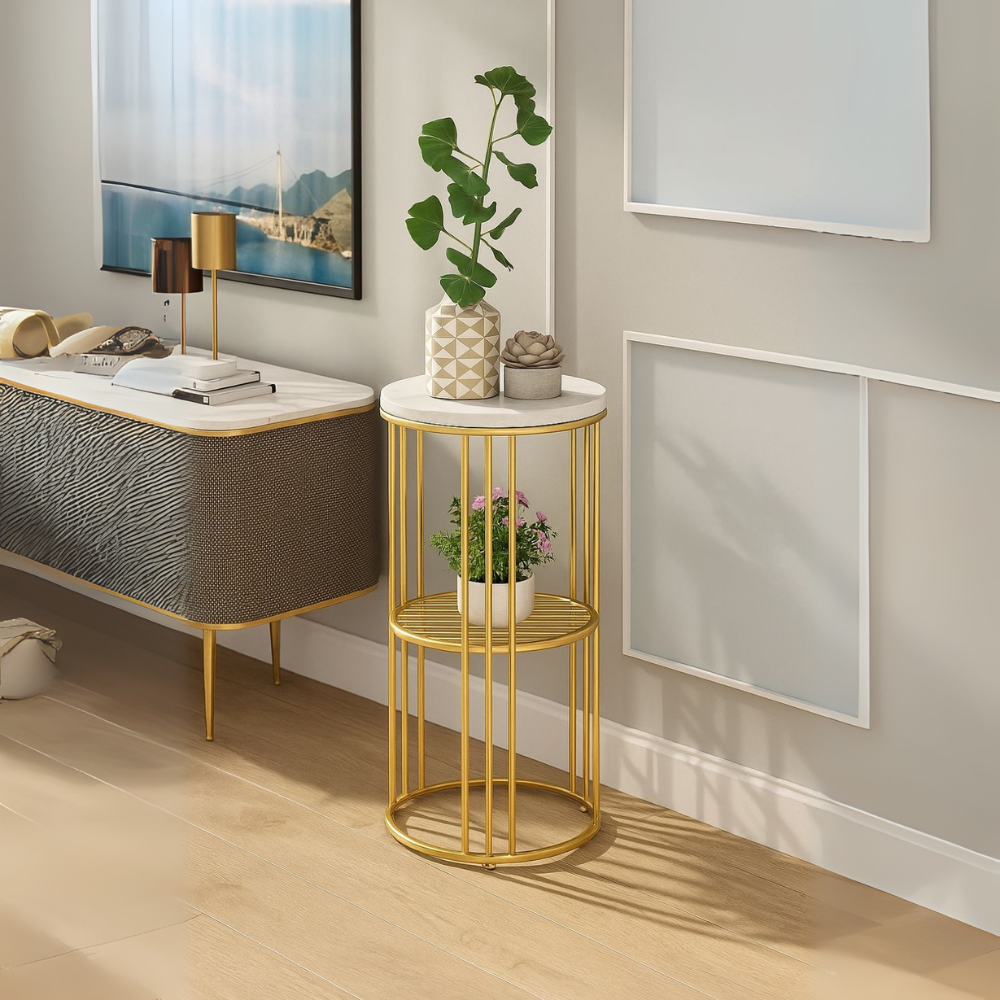 Elegant Two-Tier Gold Metal Plant Stand With Marble Top For Home Decor