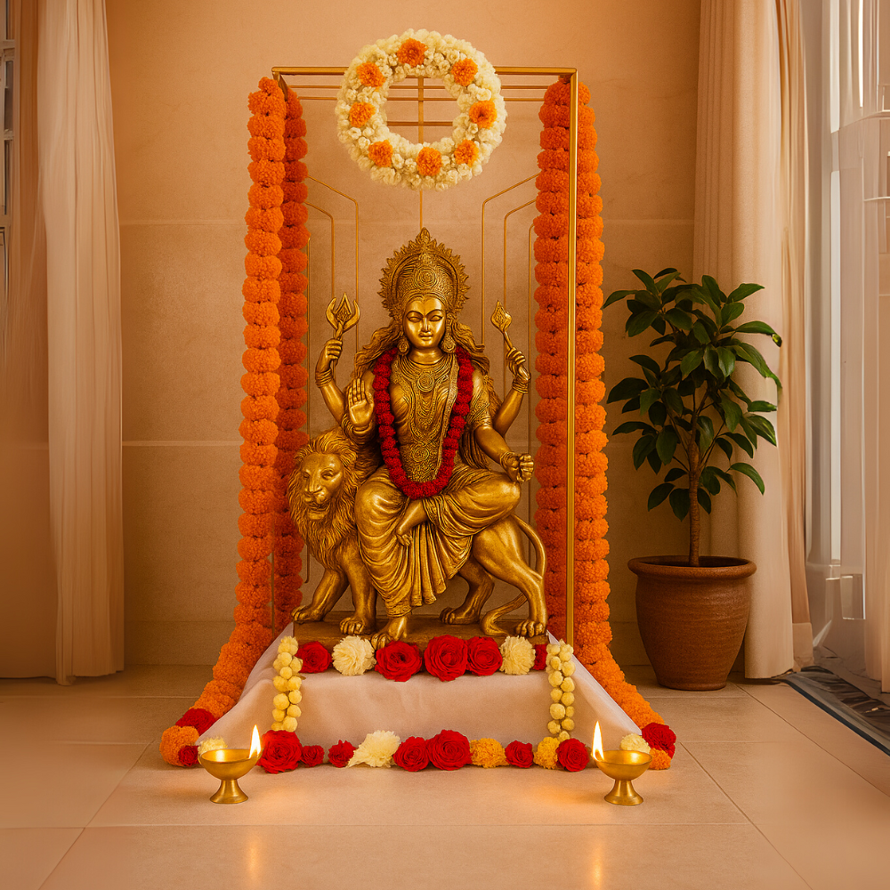 Elegant Floral Gold Pooja Metal Stand for Home Decor