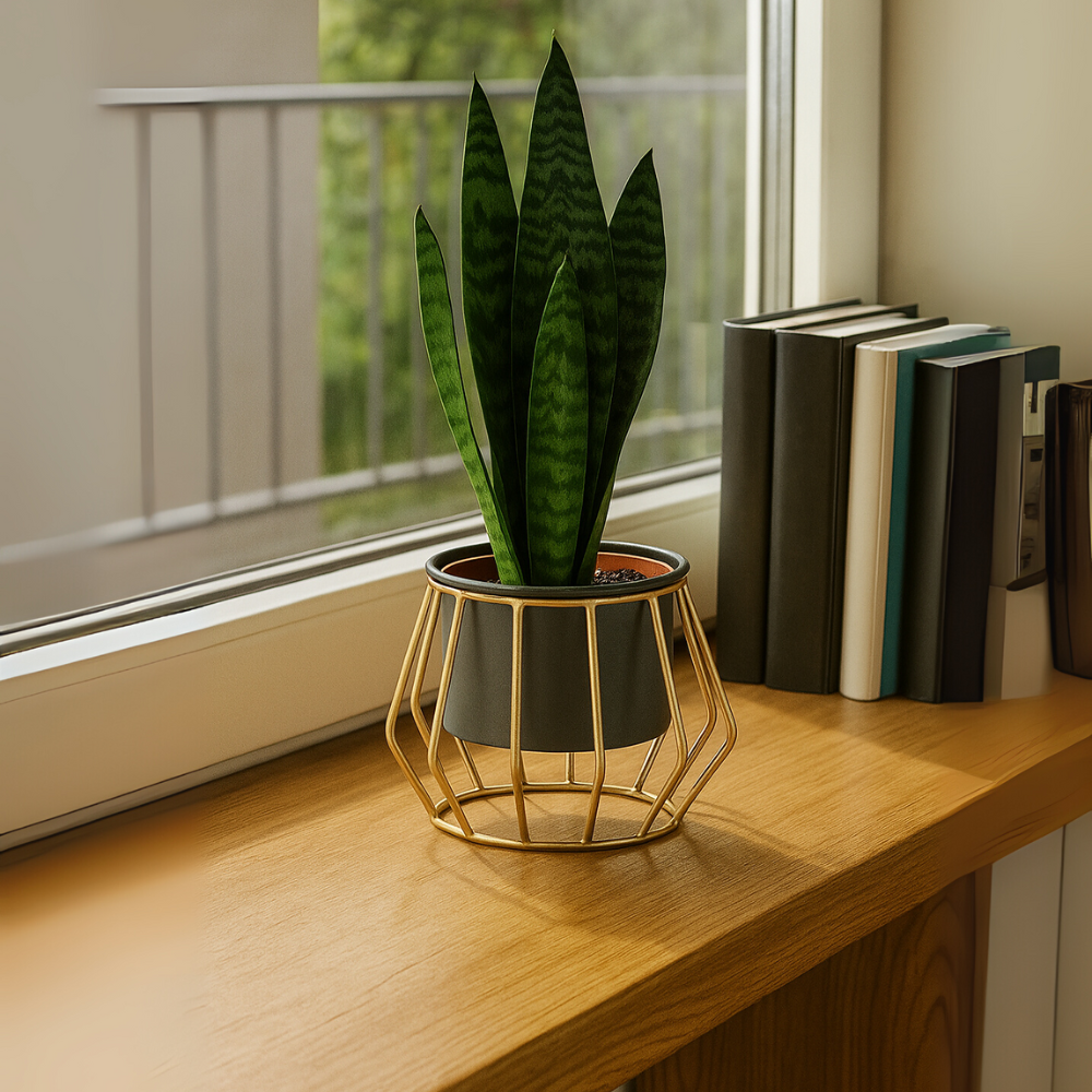 Geometric Gold Metal Stand Planter with Pot – Modern Indoor Plant Holder