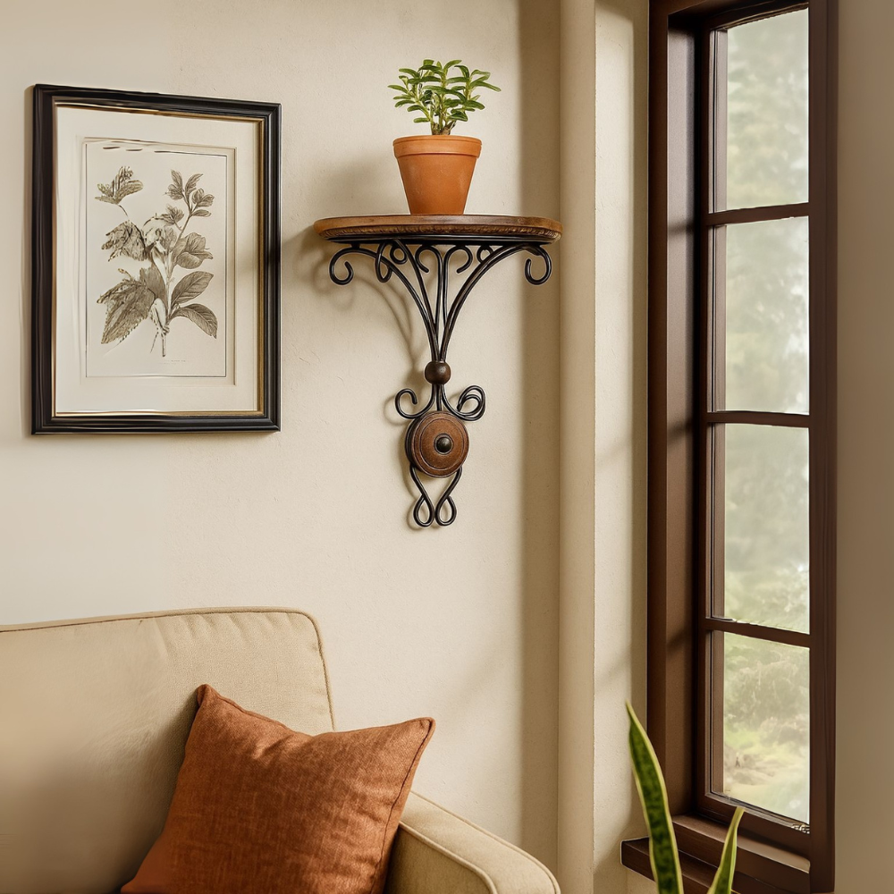 Wooden Wall Hanging Shelf Bracket - Decorative Iron And Wood Design