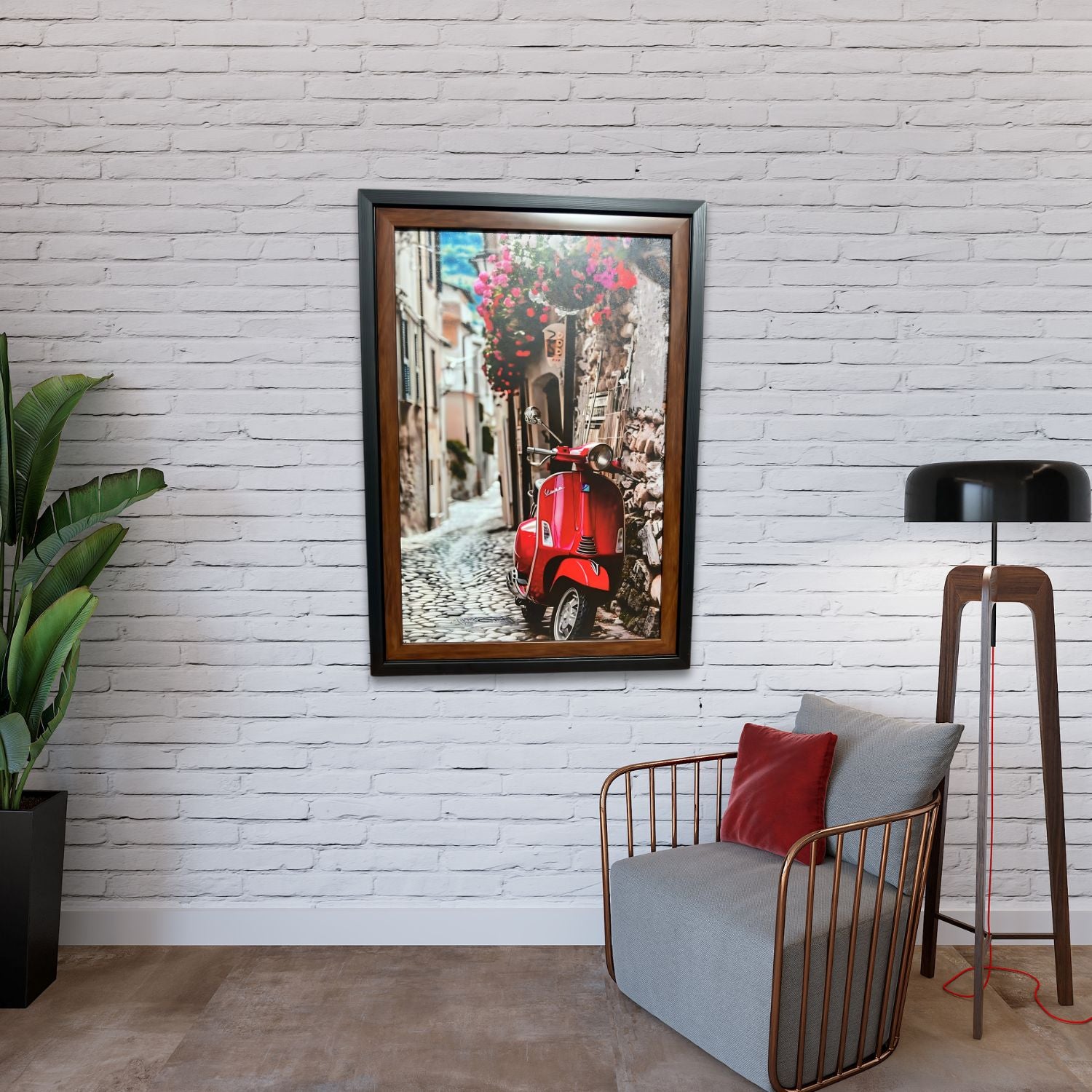 Red Vespa On Cobblestone Street - Framed Urban Vintage Travel Wall Art