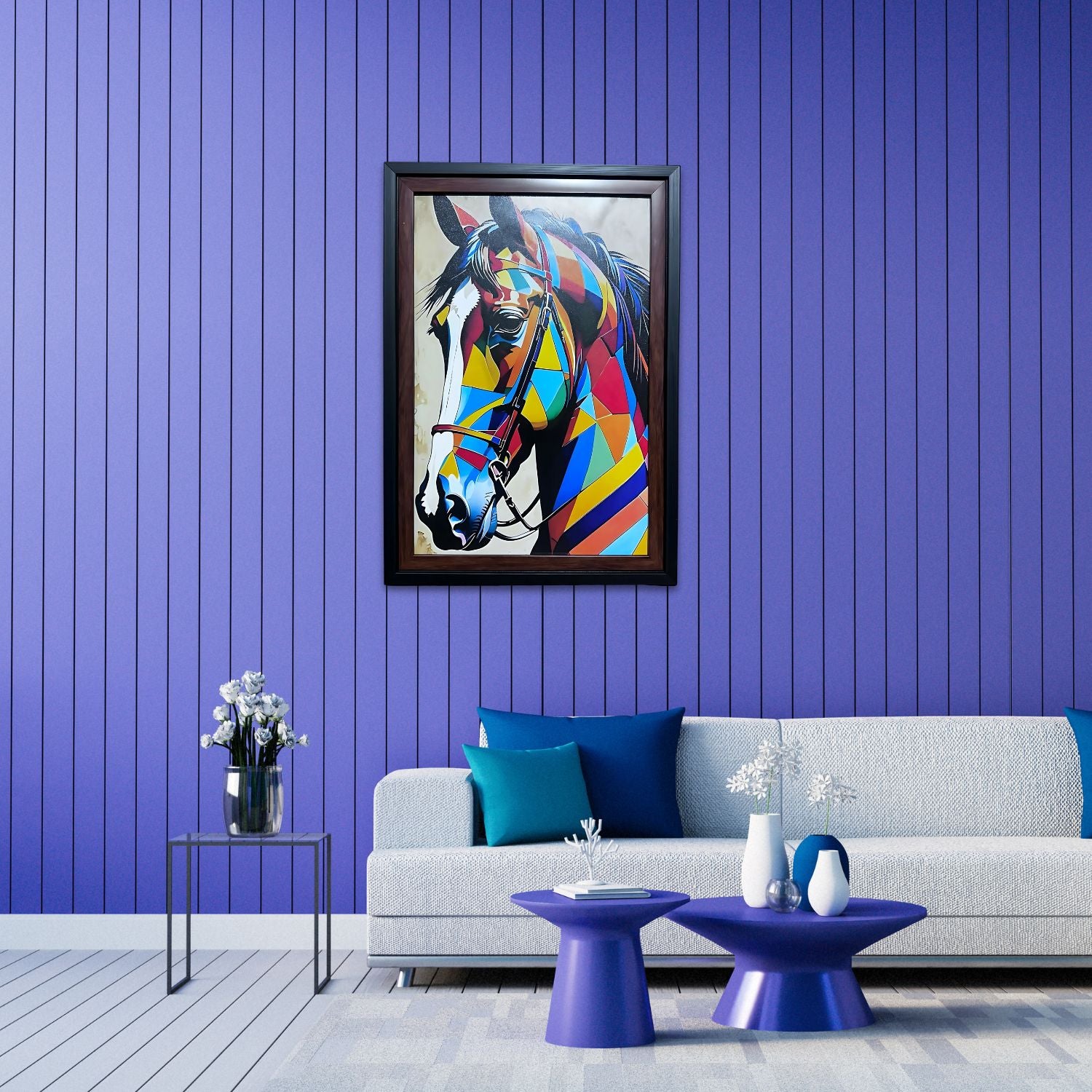 Vibrant Geometric Horse Painting With Frame - Colorful Modern Wall Art