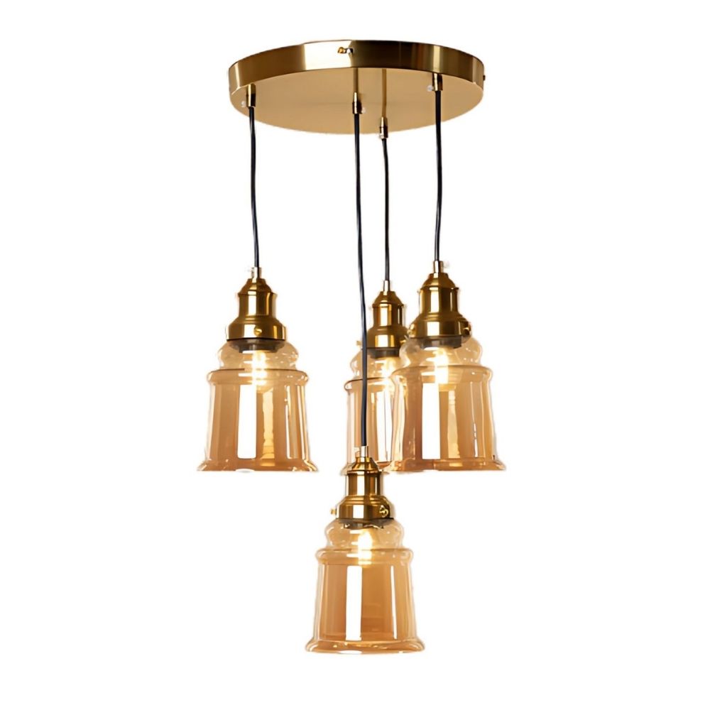 Luxury 4-Light Ceiling Pendant - Antique Gold With Smoke Grey/Amber Glass Chandelier