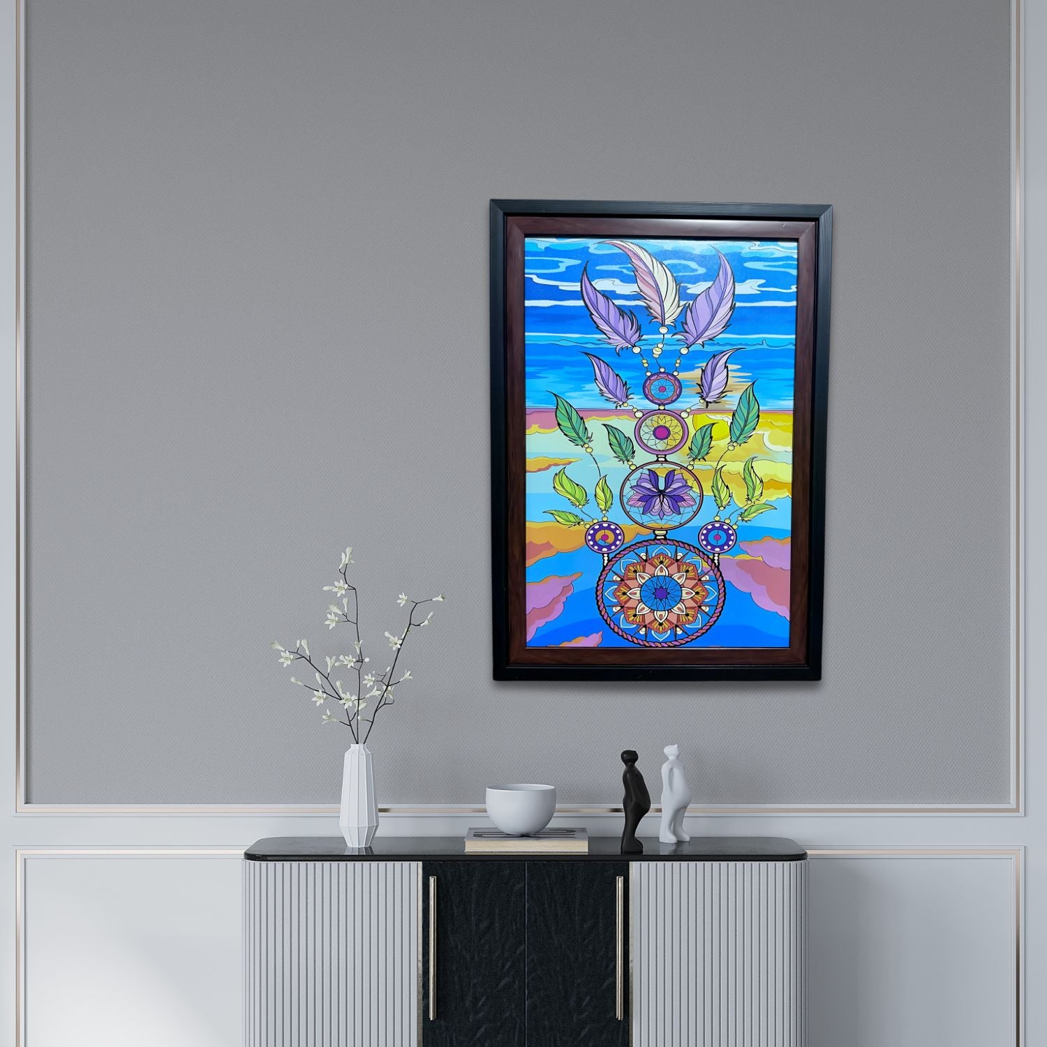 Colorful Dreamcatcher With Feathers And Mandala Abstract Wall Decor