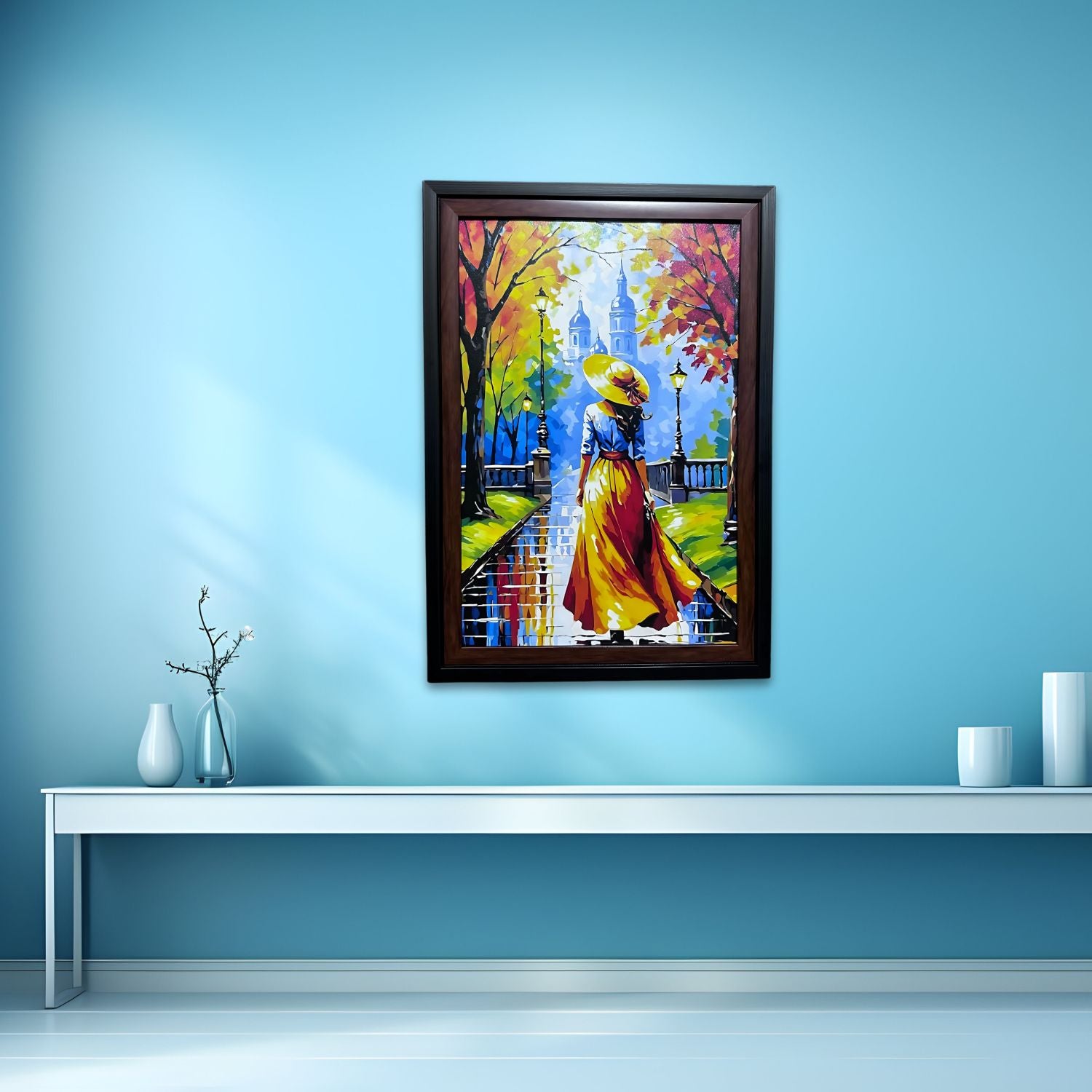 Elegant Lady Walking in Autumn Park - Framed Colorful Canvas Wall Art