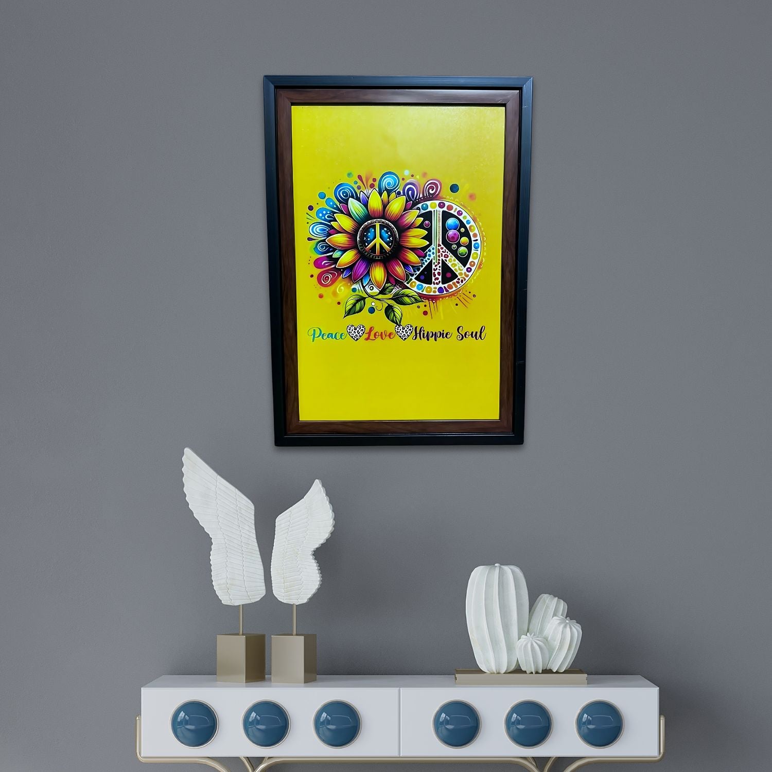 Colorful Hippie Soul Peace Sign Painting With Frame For Wall Decoration