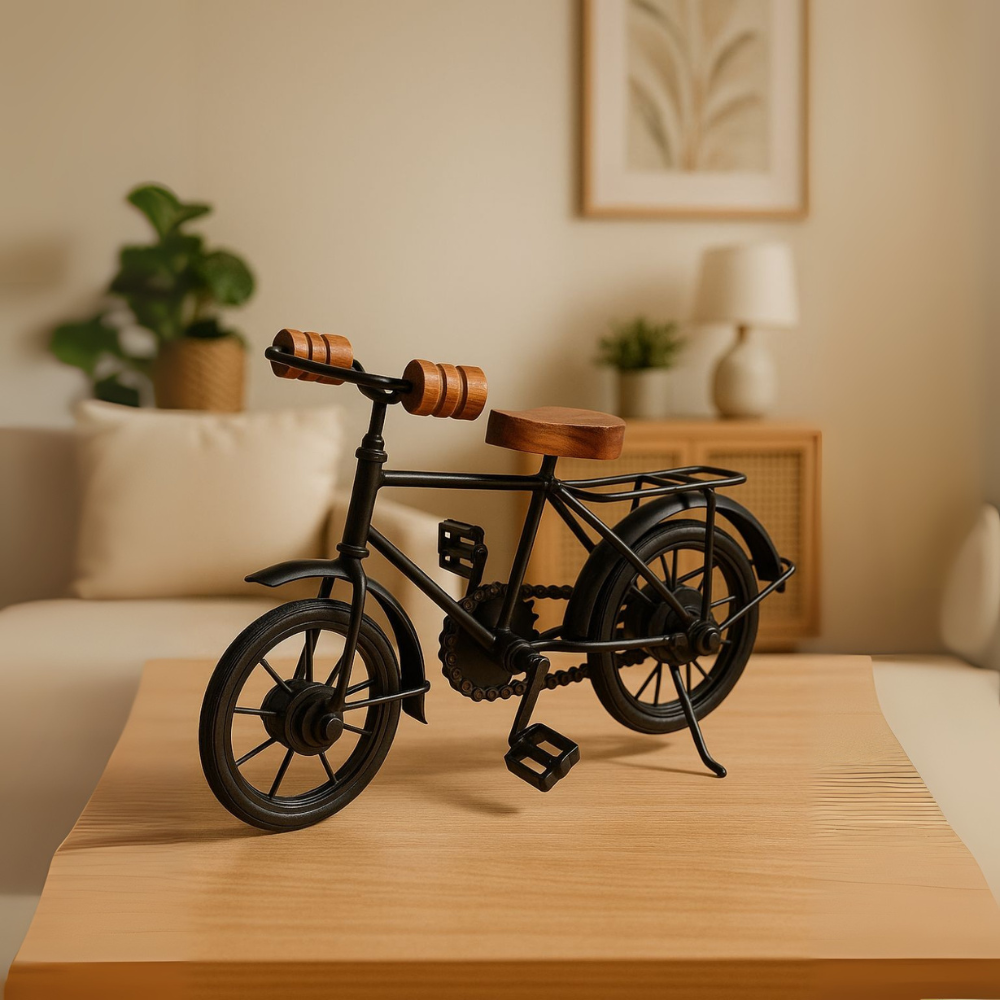 Vintage Black Bicycle Showpiece With Wooden Handle And Seat