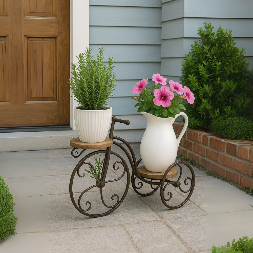 Vintage Bicycle Style Free Form Multi-Tiered Metal Plant Stand