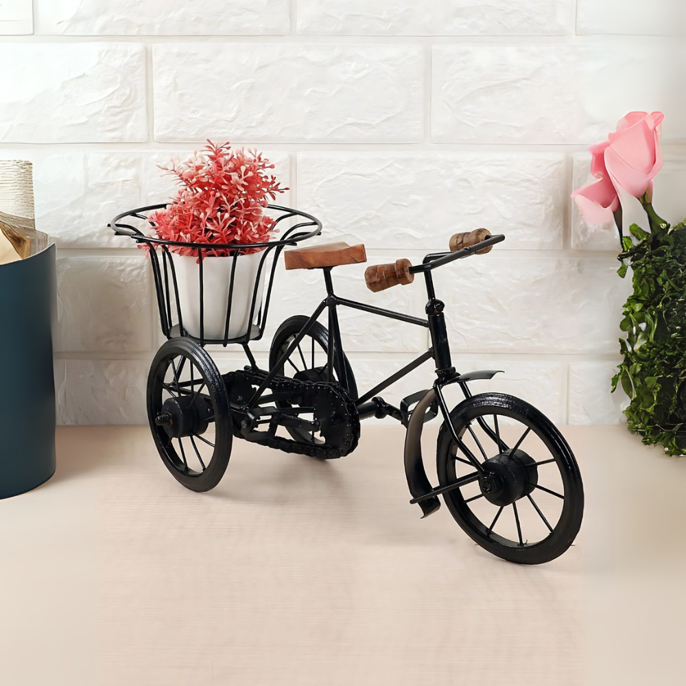 Vintage Iron Rickshaw Showpiece With Flower Basket - Home Decor Accent