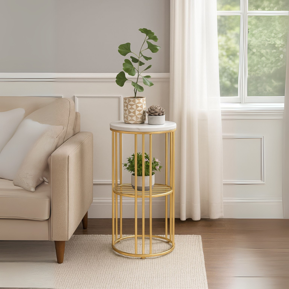 Elegant Two-Tier Gold Metal Plant Stand With Marble Top For Home Decor