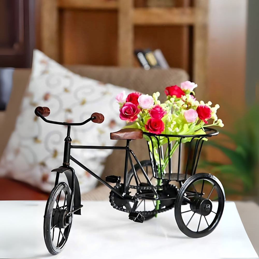 Vintage Iron Rickshaw Showpiece With Flower Basket - Home Decor Accent