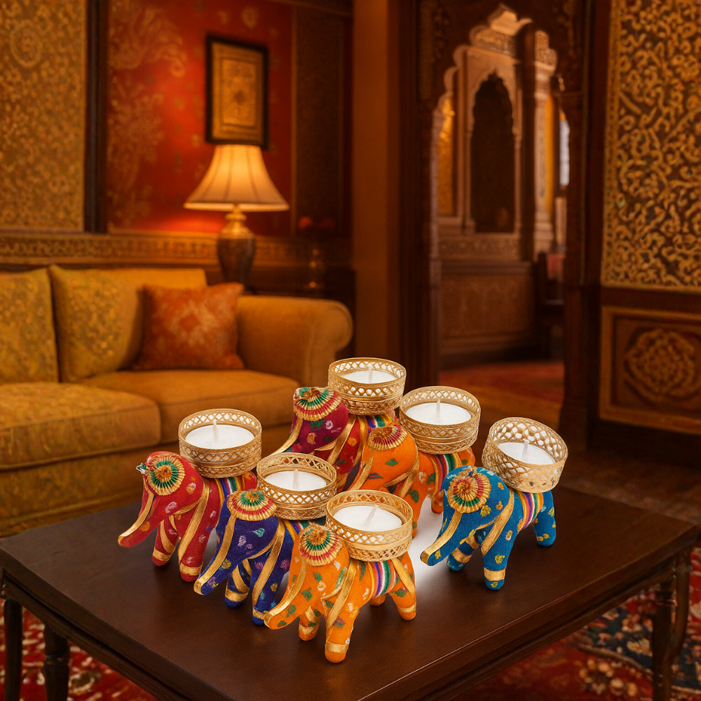 Handcrafted Elephant Tealight Holder — Colorful Home Decor Candle Stand (Set of 6)