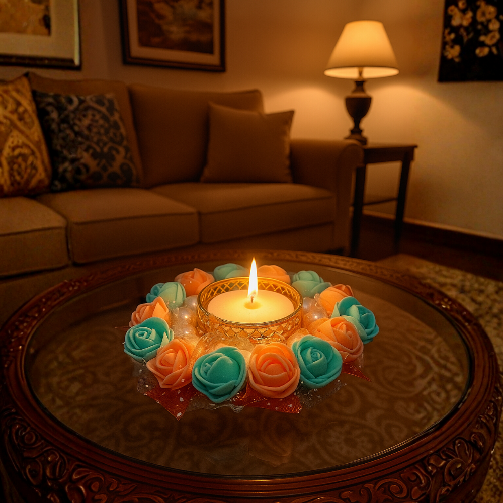 Rose Wreath Tealight Candle Ring — Floral Home Decor Candle Holder | Diyas for Diwali