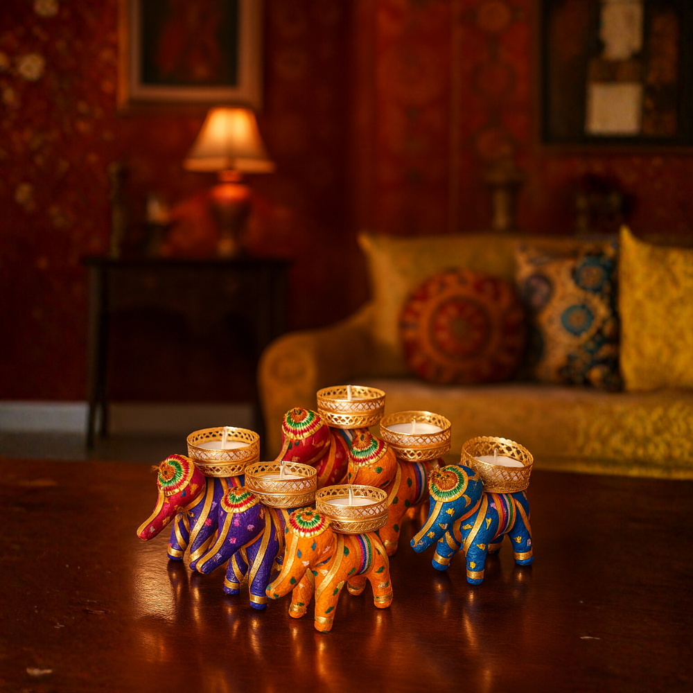 Handcrafted Elephant Tealight Holder — Colorful Home Decor Candle Stand (Set of 6)