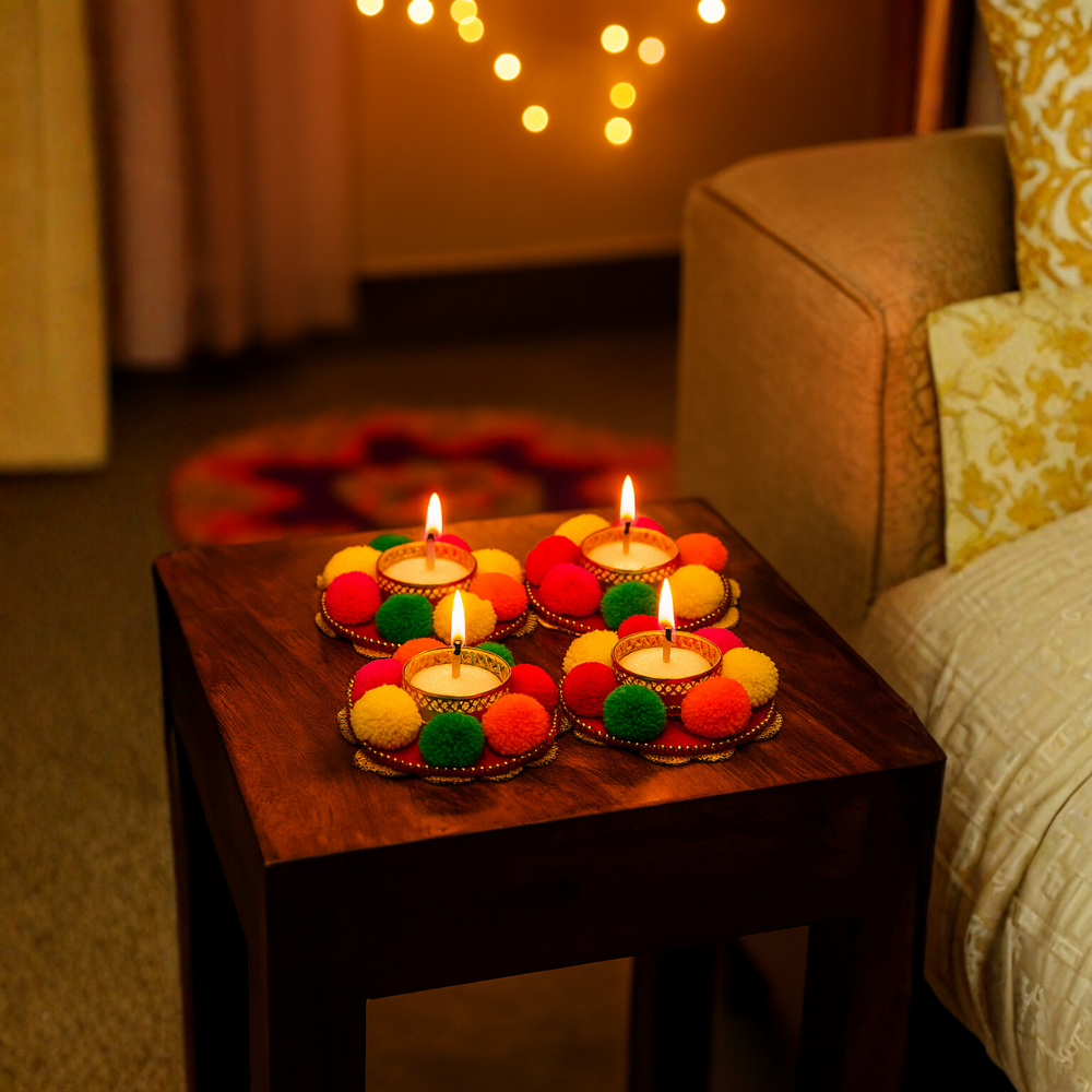 Set of 4 Multicolor Pom-Pom Diya Candle Rings — Festive Floral Tealight Decor