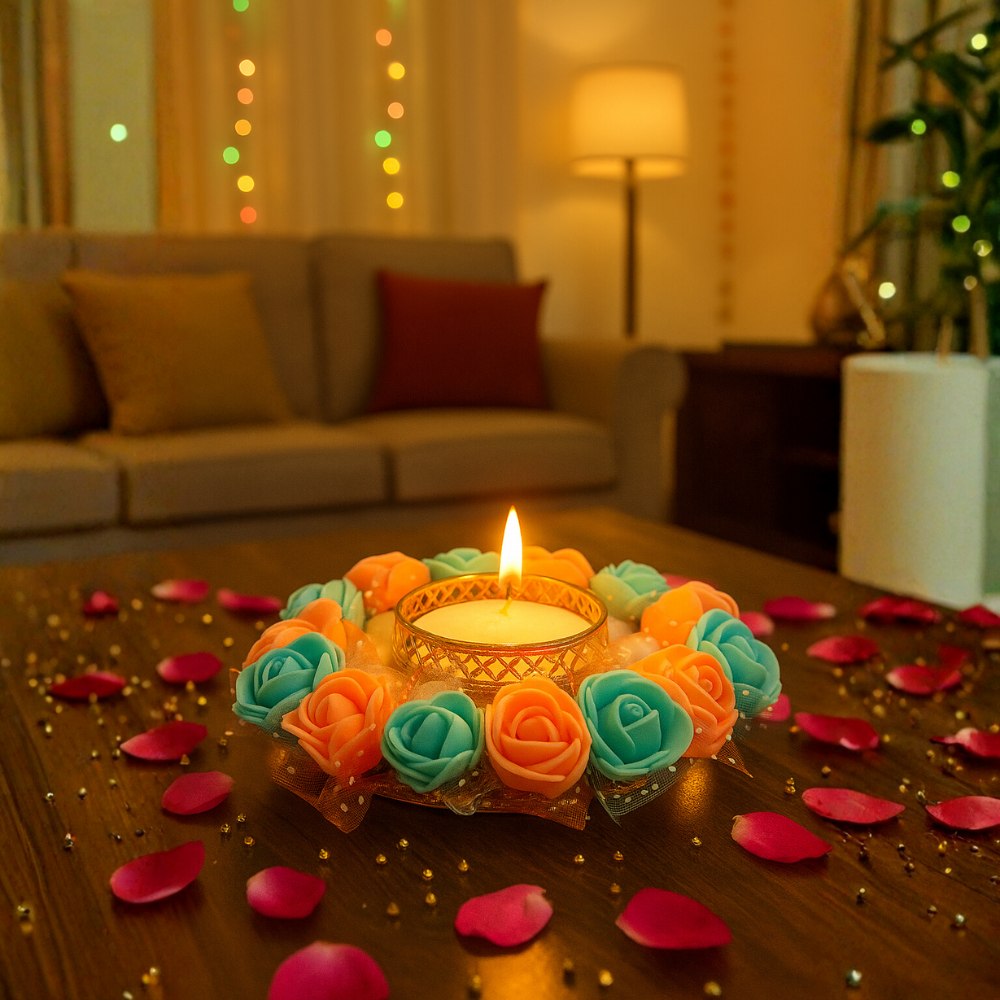 Rose Wreath Tealight Candle Ring — Floral Home Decor Candle Holder | Diyas for Diwali