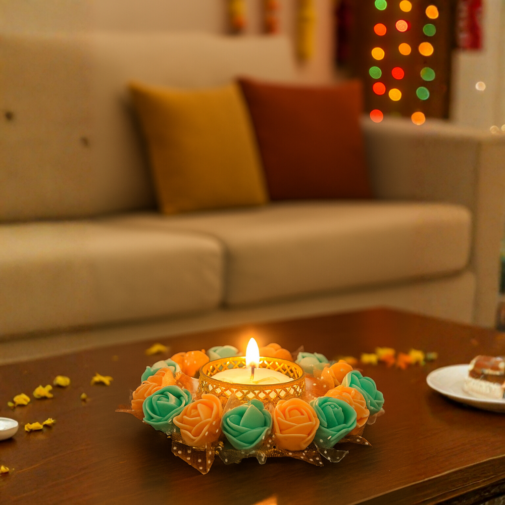 Rose Wreath Tealight Candle Ring — Floral Home Decor Candle Holder | Diyas for Diwali