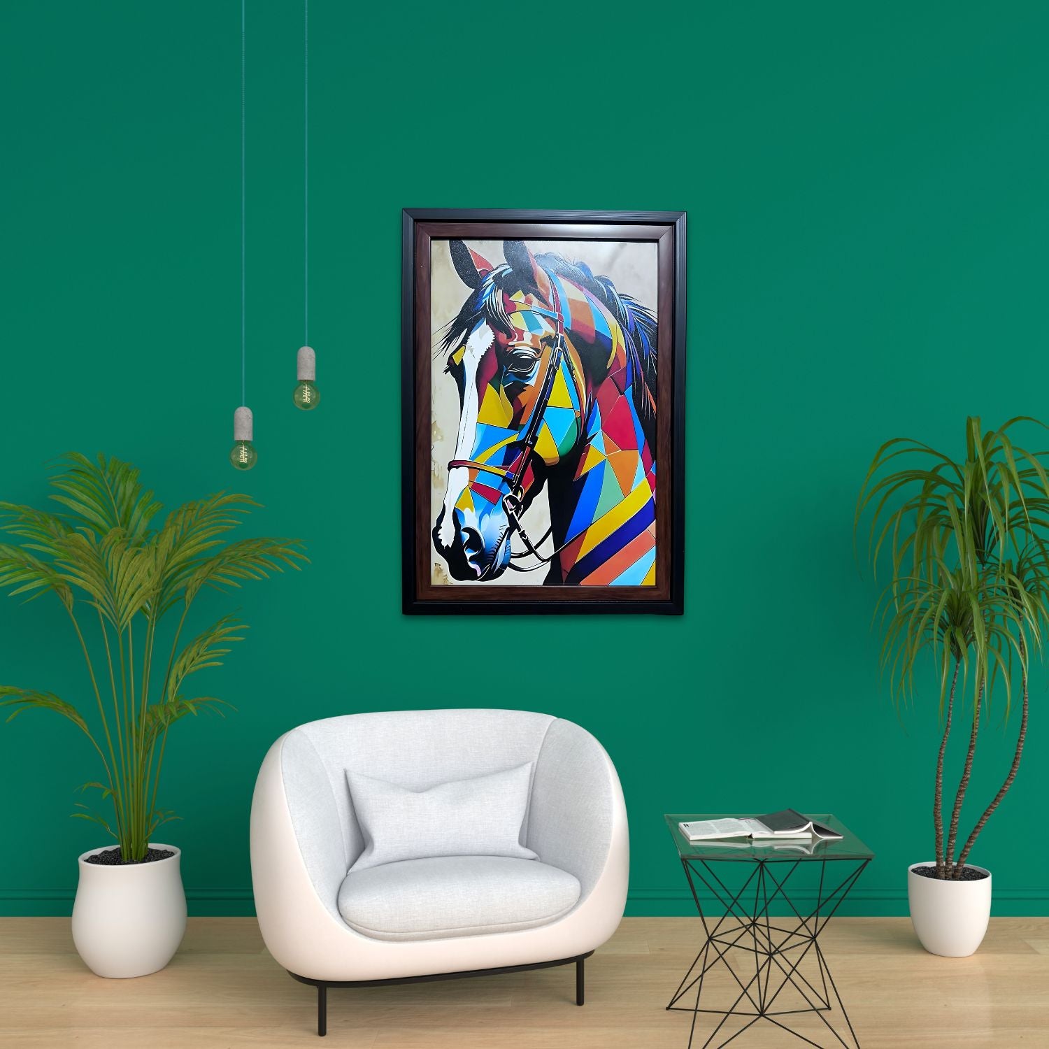 Vibrant Geometric Horse Painting With Frame - Colorful Modern Wall Art
