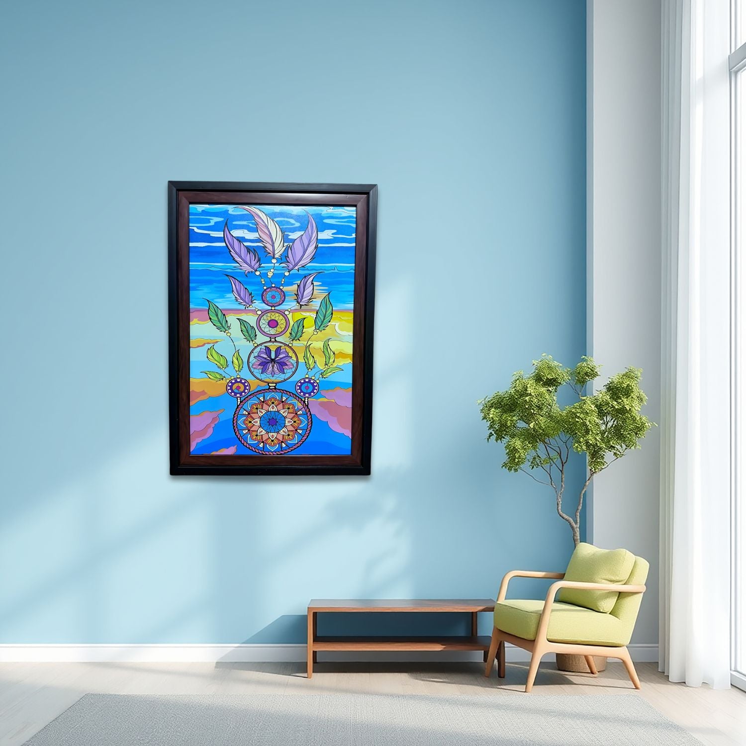 Colorful Dreamcatcher With Feathers And Mandala Abstract Wall Decor