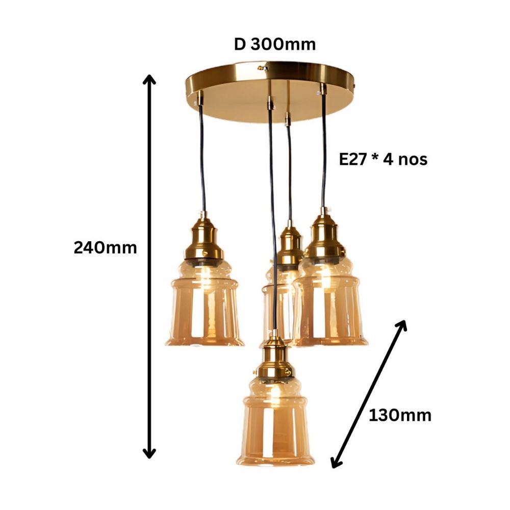 Luxury 4-Light Ceiling Pendant - Antique Gold With Smoke Grey/Amber Glass Chandelier