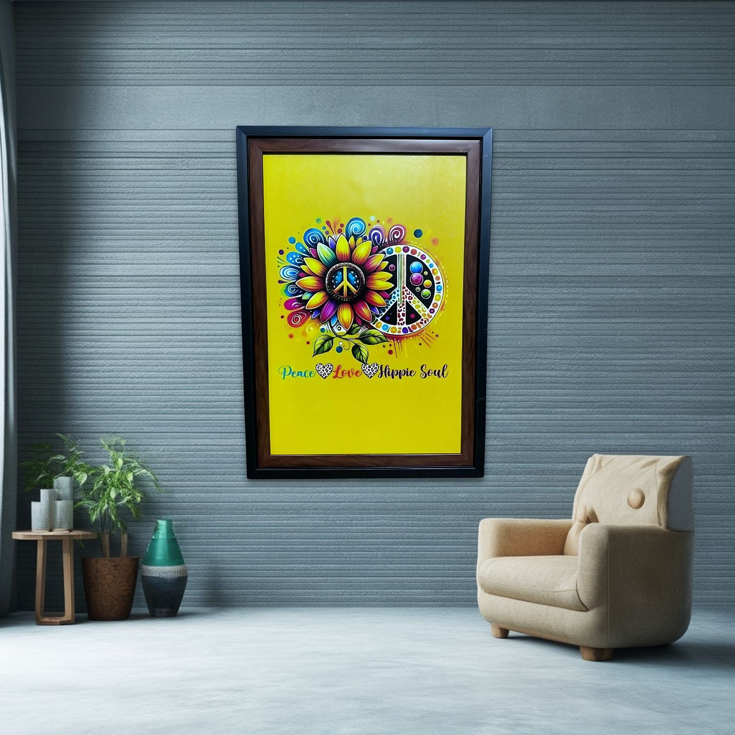 Colorful Hippie Soul Peace Sign Painting With Frame For Wall Decoration