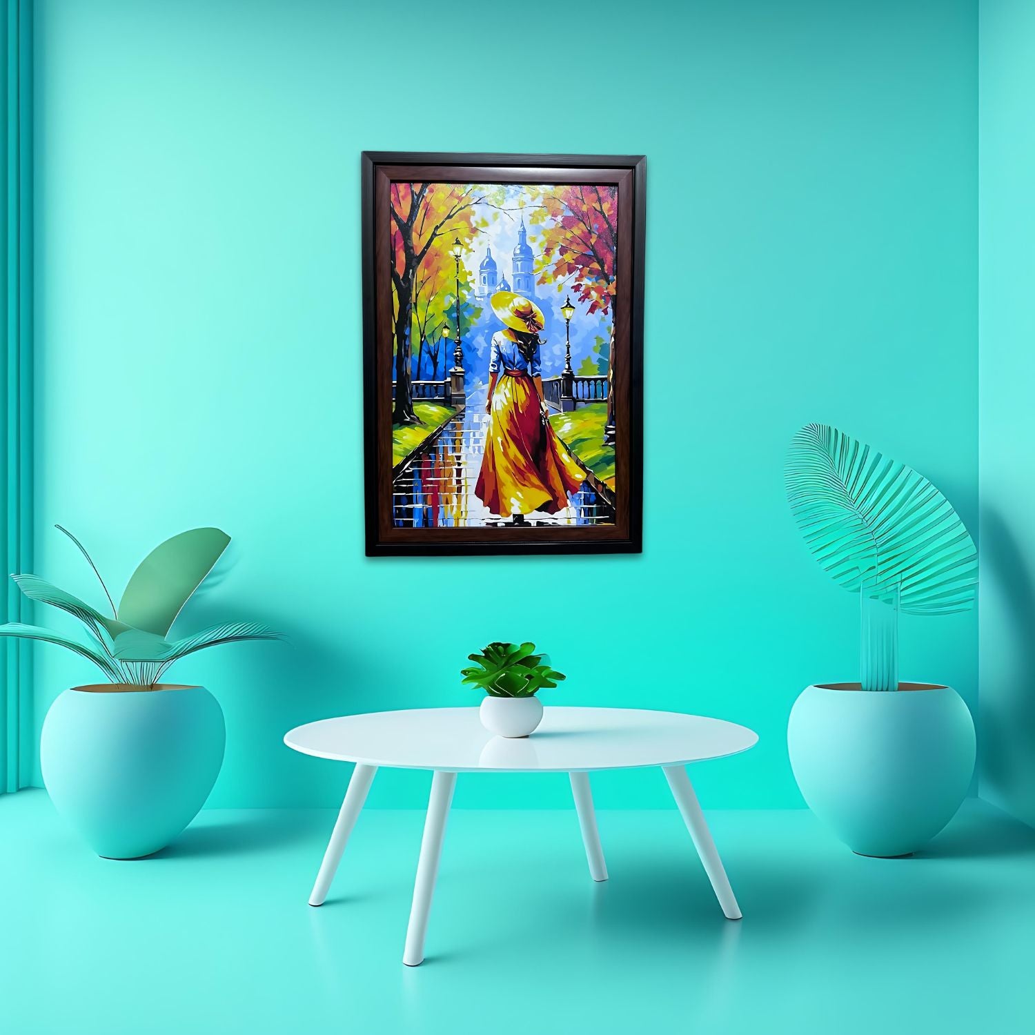 Elegant Lady Walking in Autumn Park - Framed Colorful Canvas Wall Art