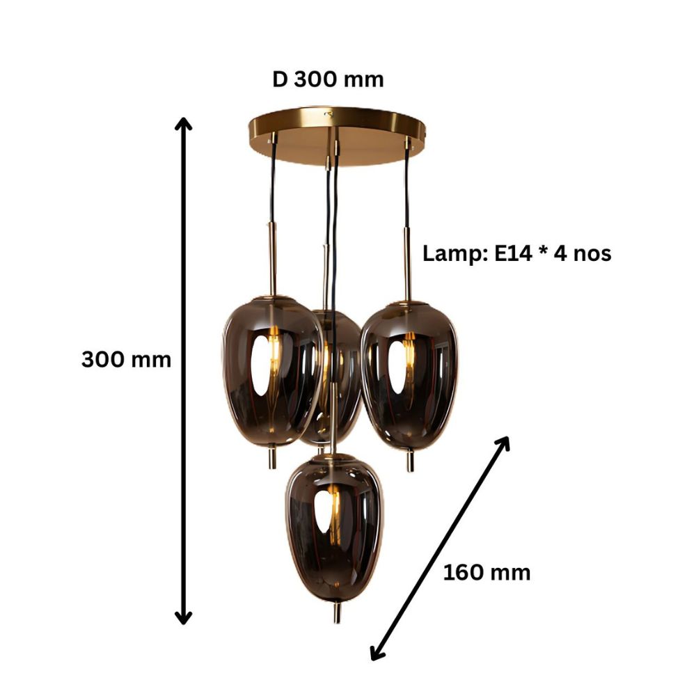 Elegant 4-Light Ceiling Lamp - Antique Gold With Smoke Grey Glass Chandelier